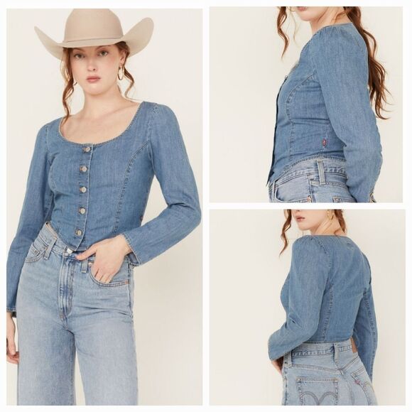 🔸️NWT Levi's "Daryn" Corset Long Sleeve Denim Top Medium - Picture 2 of 11